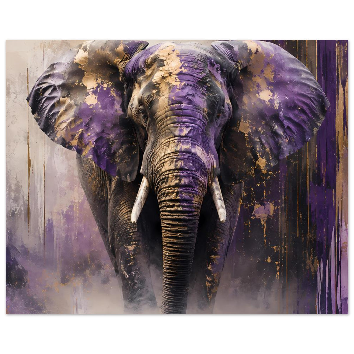Tierposter Elefant in Violett und Gold, Nahansicht von Kopf, Rüssel und seitlichen Flügeln