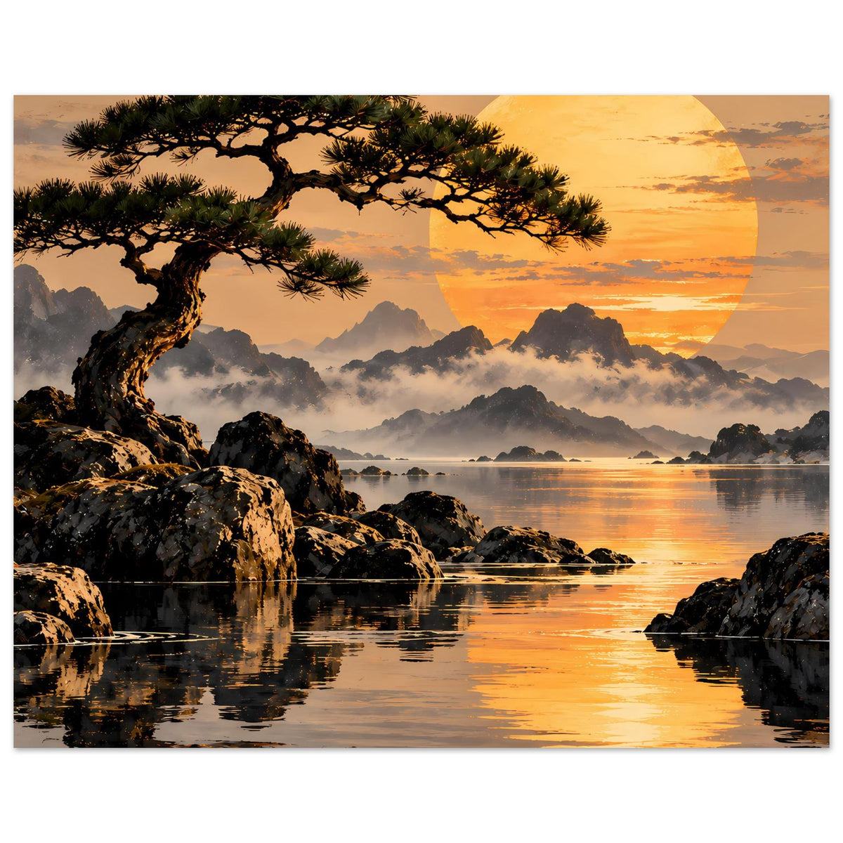Gerahmtes Landschafts-Poster mit See, Felsen und Baum vor Sonnenkreis und warmem Abendhimmel