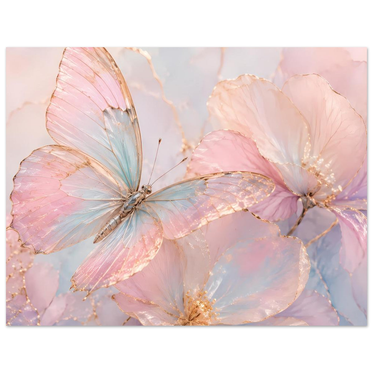 Aquarell-Poster mit Schmetterlingen in Rosé, Blau und Gold