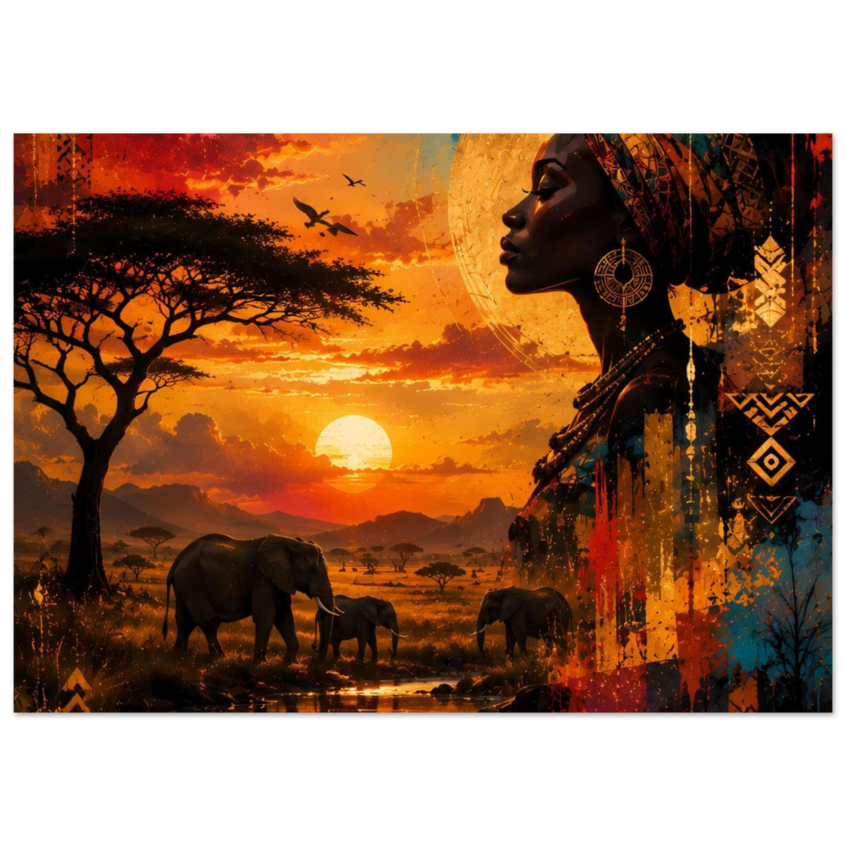 Poster mit Frau im Profil, Ohrringen und Kopftuch, Elefantenherde, Himmel in Orange und Rot