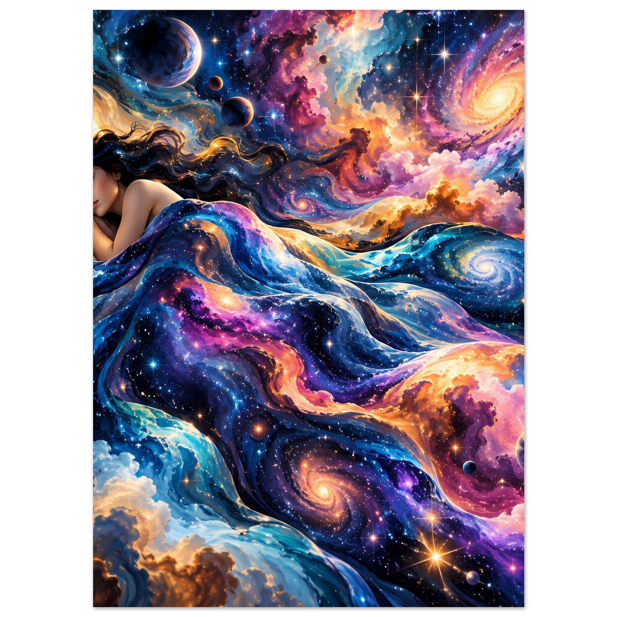 Galaxie-Poster Hochformat mit Frauenmotiv, leuchtenden Galaxien, Sternen und Nebeln.