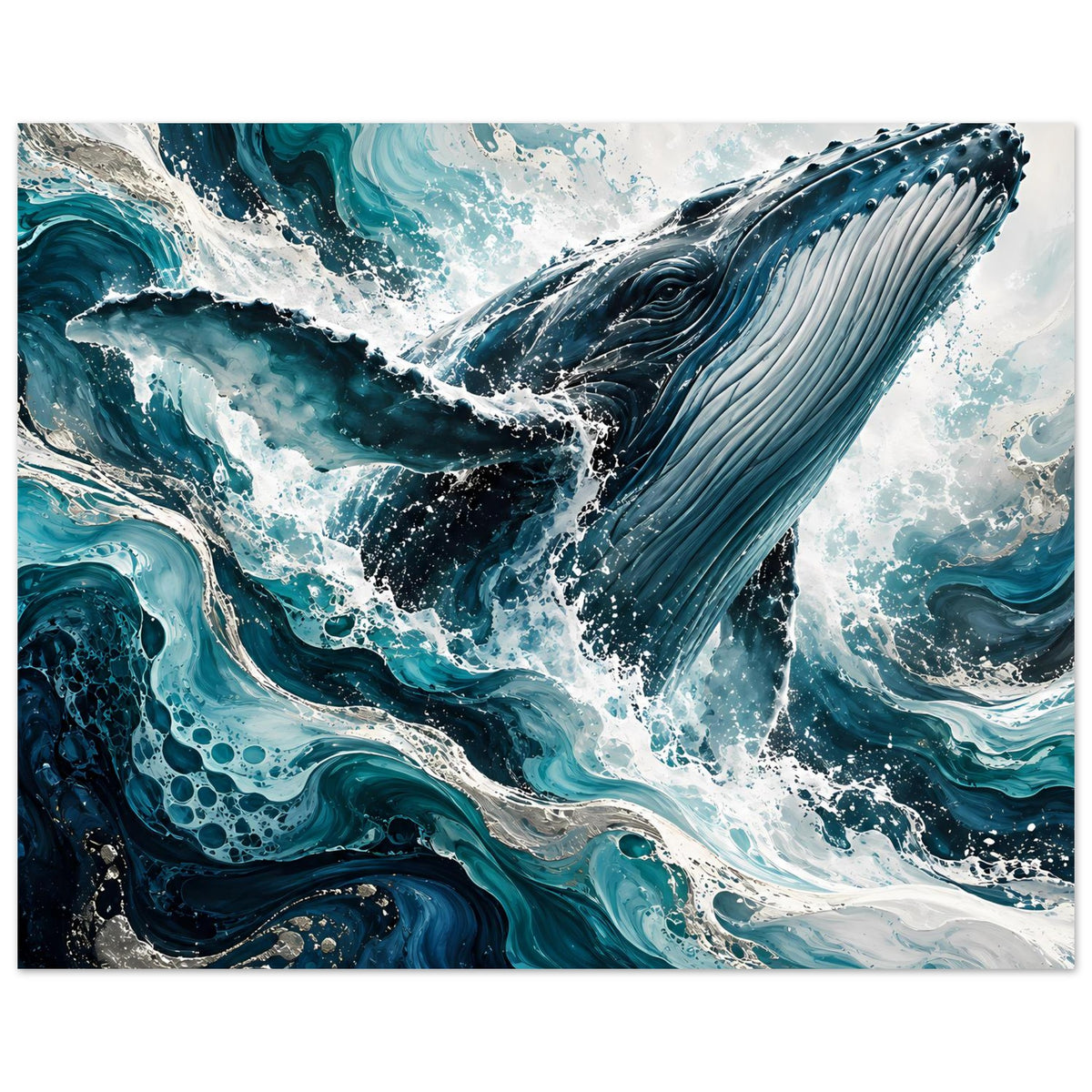 Kunstposter Querformat mit Wal im Wasser, Blau-Teal Wellen und schimmernde Gischt