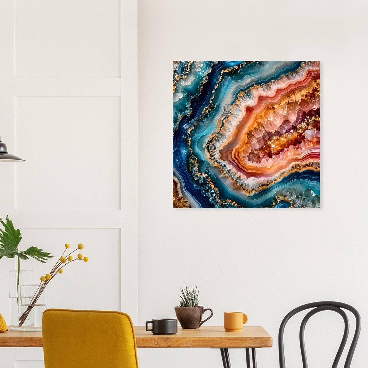 Abstrakter Kunstdruck mit geodenartigen Konturen in Blau, Orange und Gold