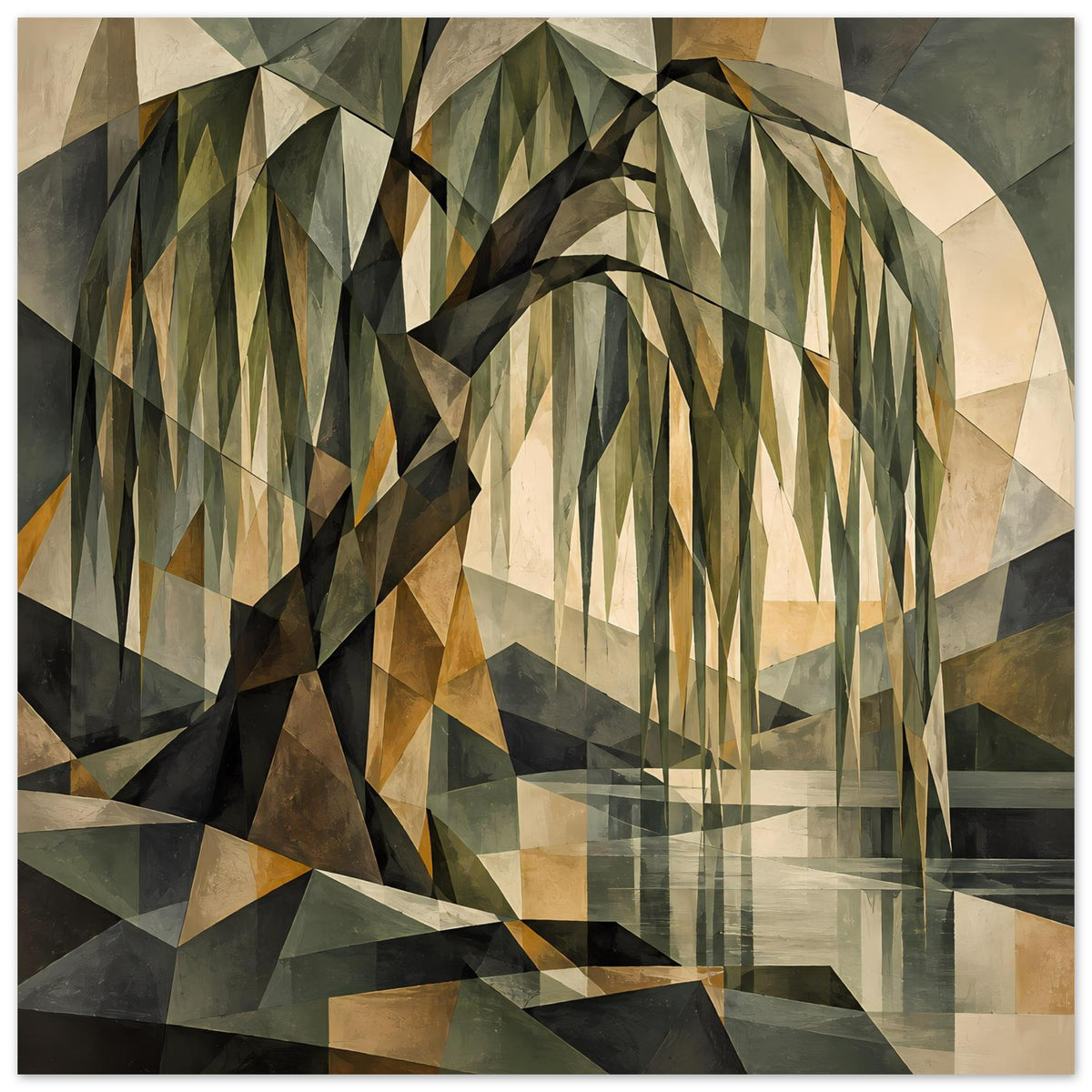 Poster mit geometrischem Weidenbaum, erdige Grün-, Beige- und Grautöne, helle Mondform rechts