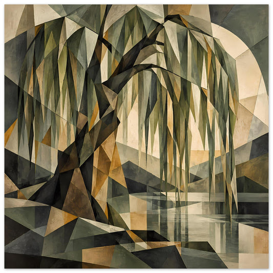 Poster mit geometrischem Weidenbaum, erdige Grün-, Beige- und Grautöne, helle Mondform rechts
