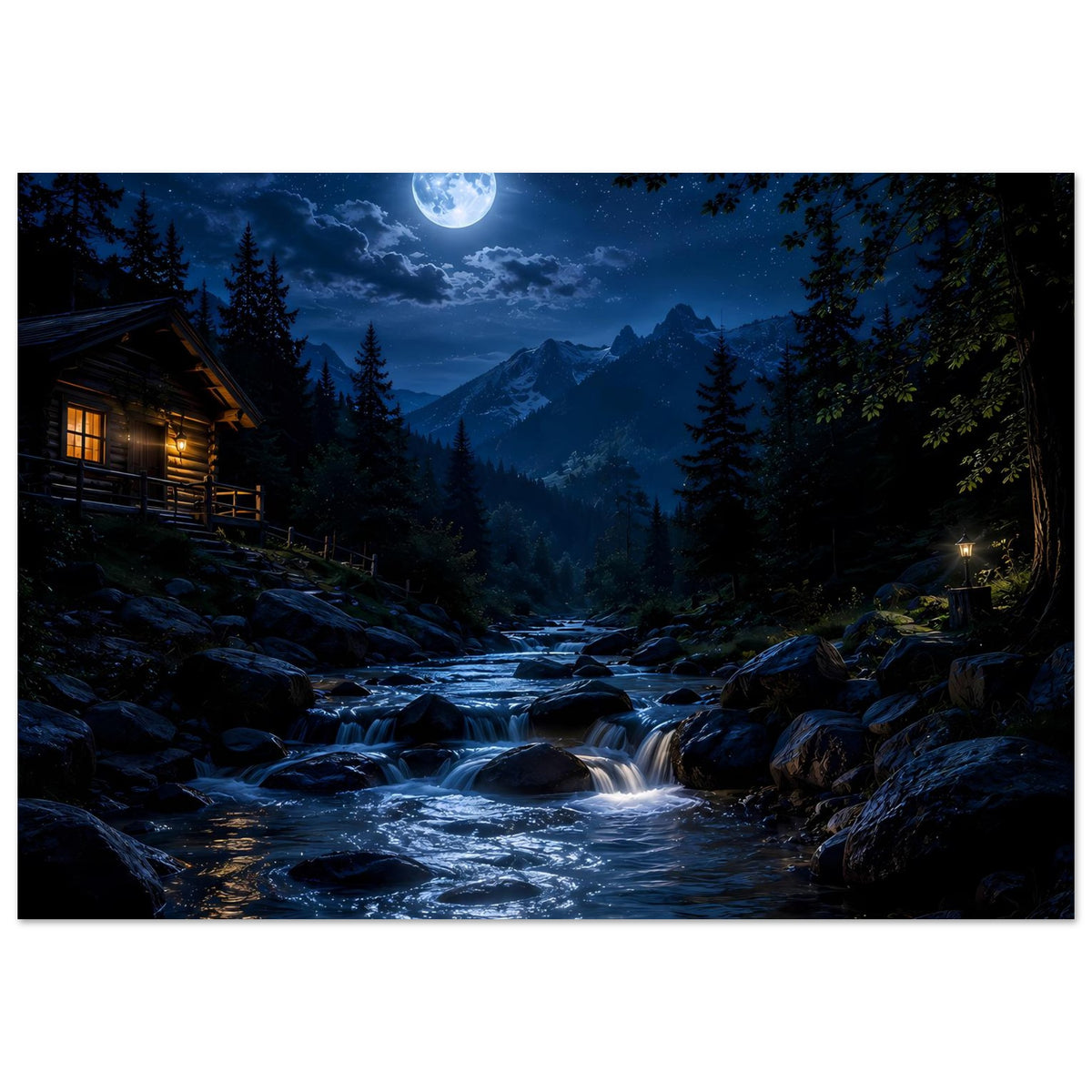 Horizontales Poster: Mond über Berglandschaft, klarer Bachlauf zwischen Felsen und Tannen