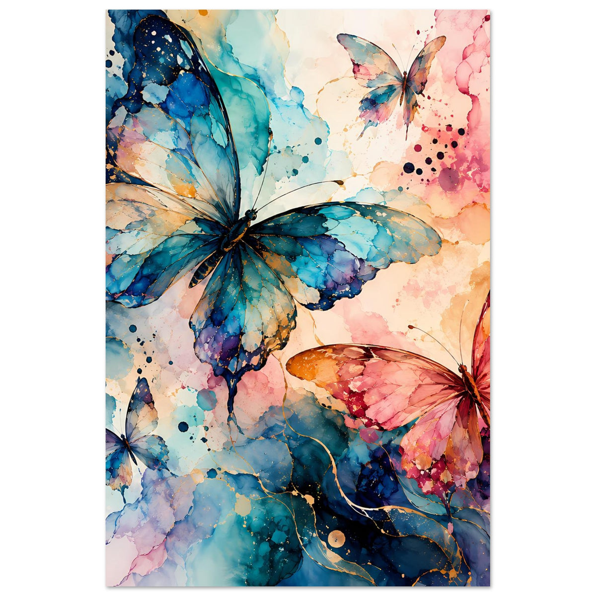 Hochformatiges Naturposter mit Aquarell-Schmetterlingen in Blau und Rosa, Farbverlauf