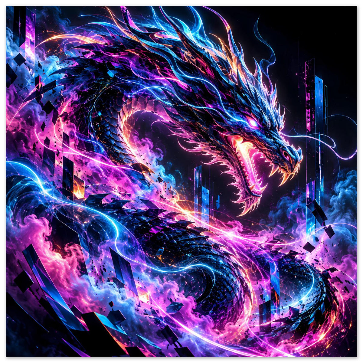 Landschafts-Poster mit leuchtendem Drachen, pink-blauem Energie-Schweif und Stadtansicht
