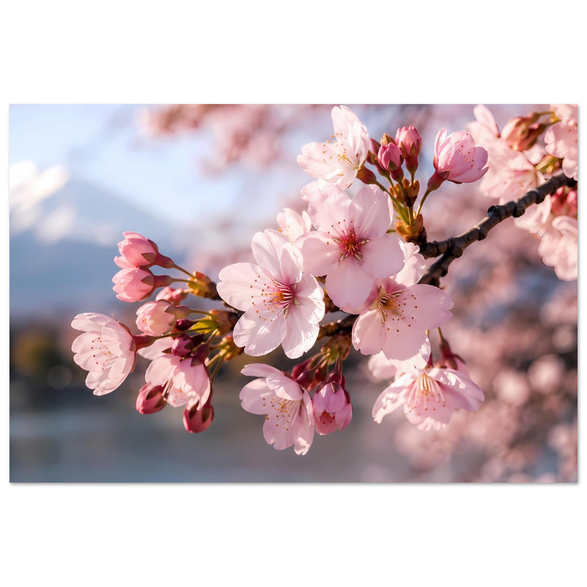 Sakura-Blütenposter mit rosa Kirschblüten an dunklem Ast, Querformat