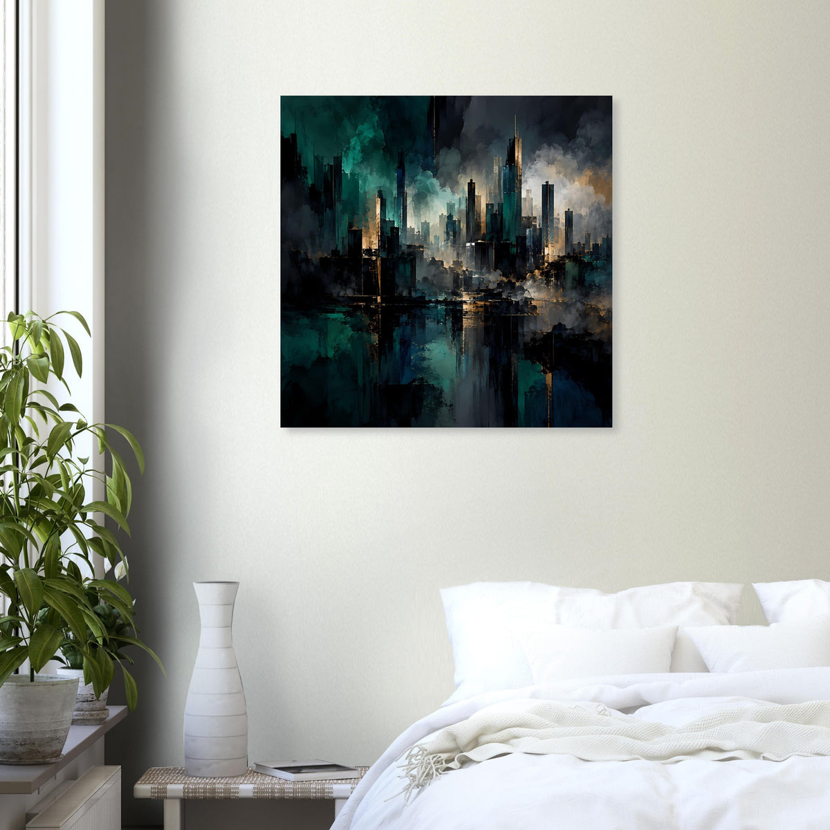 Quadratisches Stadtposter mit düsterer Skyline, türkis-blauen Farbflächen und goldenen Lichterreflexen.