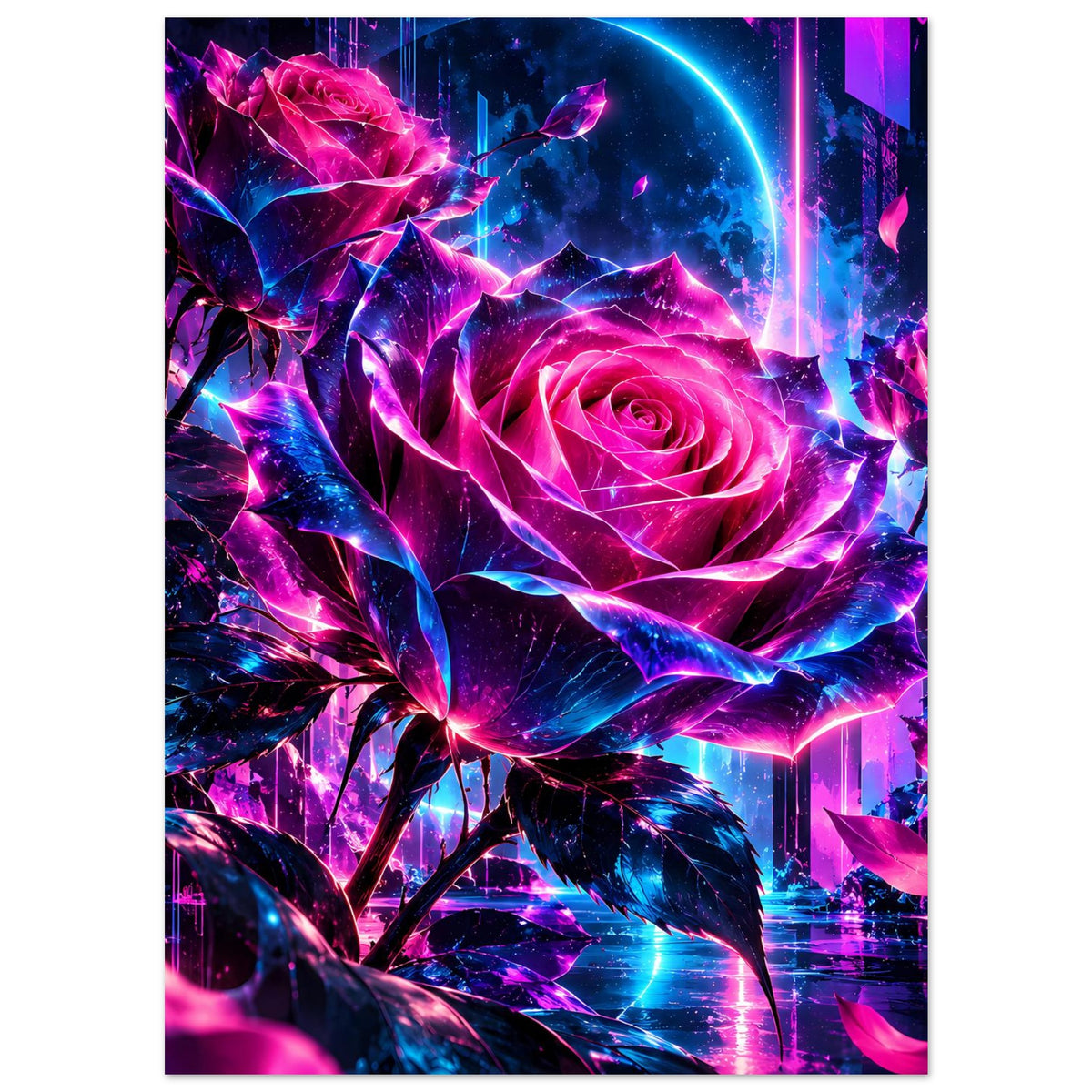 Kunstposter mit leuchtender Pink-Blau-Rose im Zentrum, umringt von Neon-Blättern
