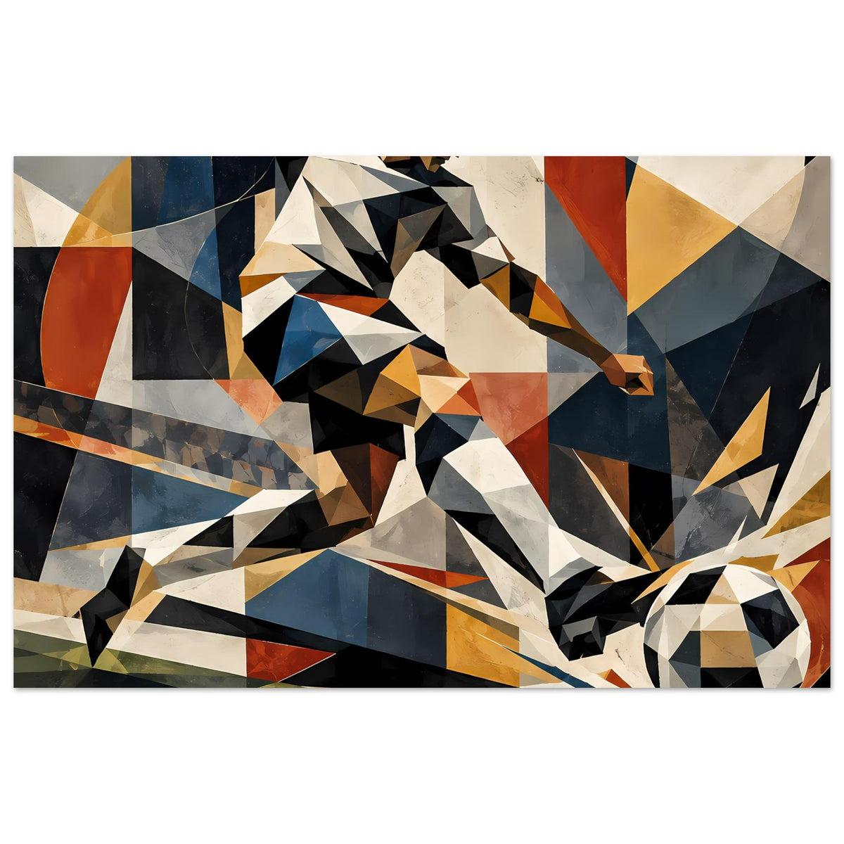Poster Fußballspieler im geometrischen Dreiecksdesign, dynamischer Schuss, Ball sichtbar