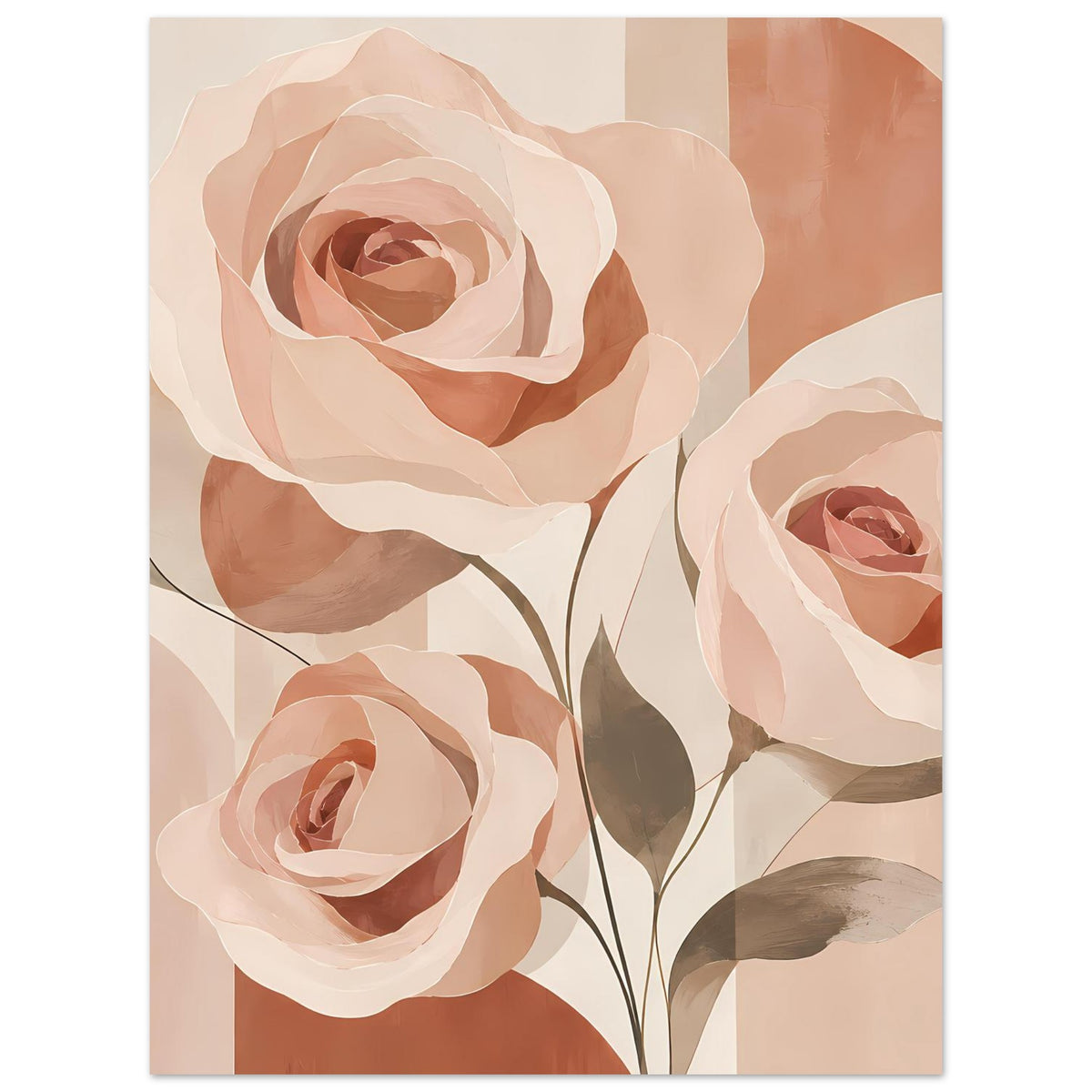 Blumenposter mit großer Rose oben und Rosenblüten rechts, dezente Pastellfarben