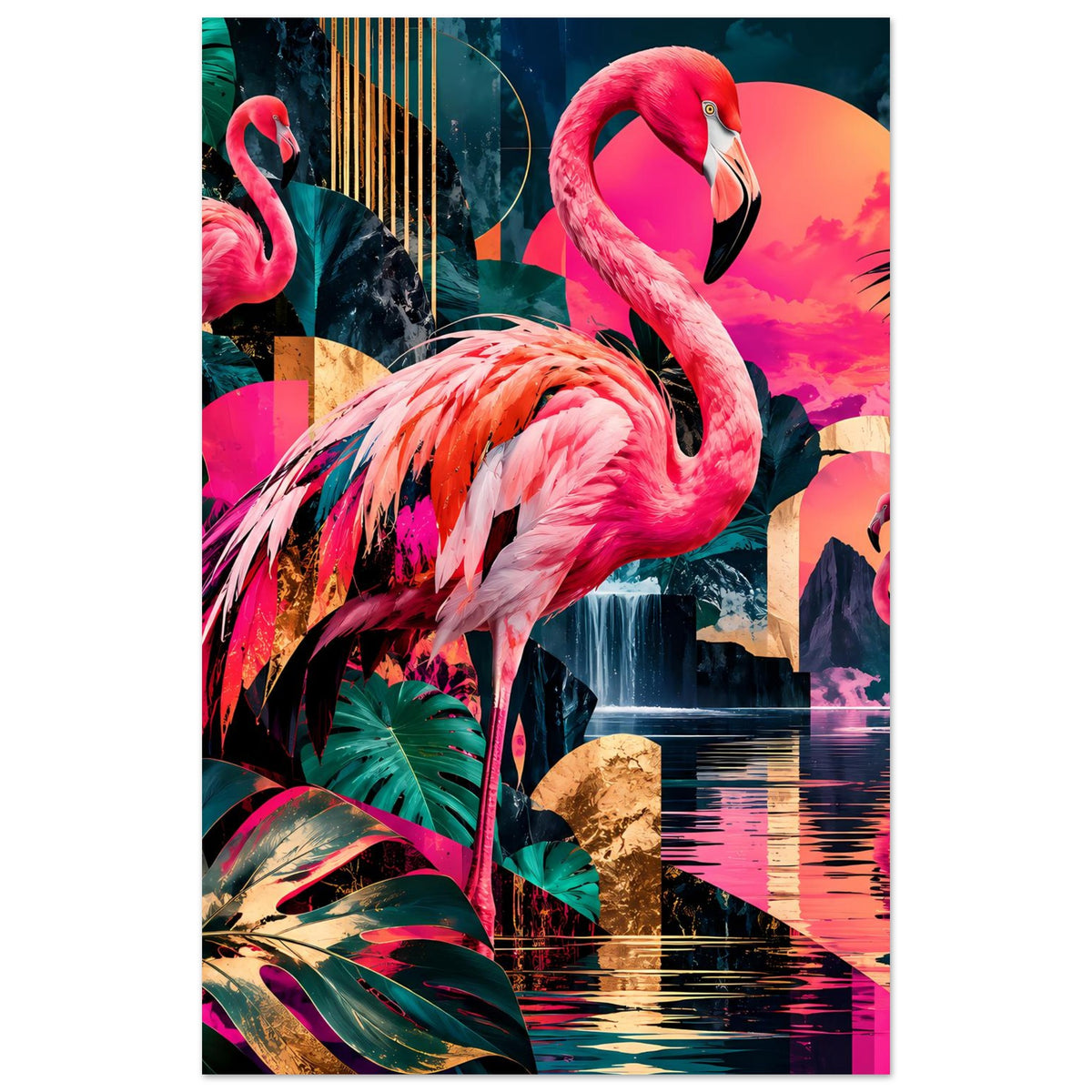 Hochkant-Poster mit pinkem Flamingo und türkisgrünem Laub in buntem Tropenmotiv
