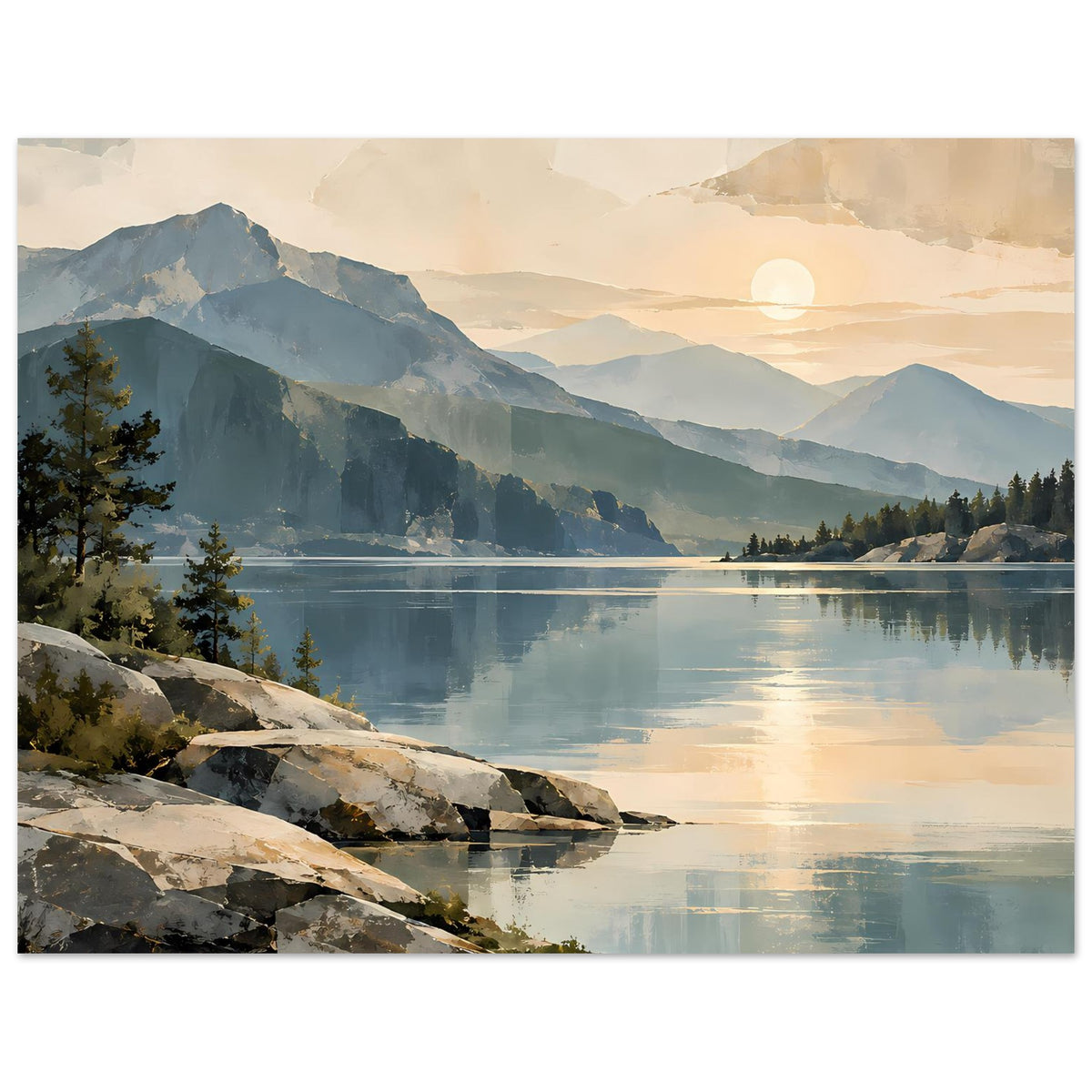 Poster im Querformat: Berglandschaft am See im Sonnenaufgang mit Felsen und Nadelbäumen