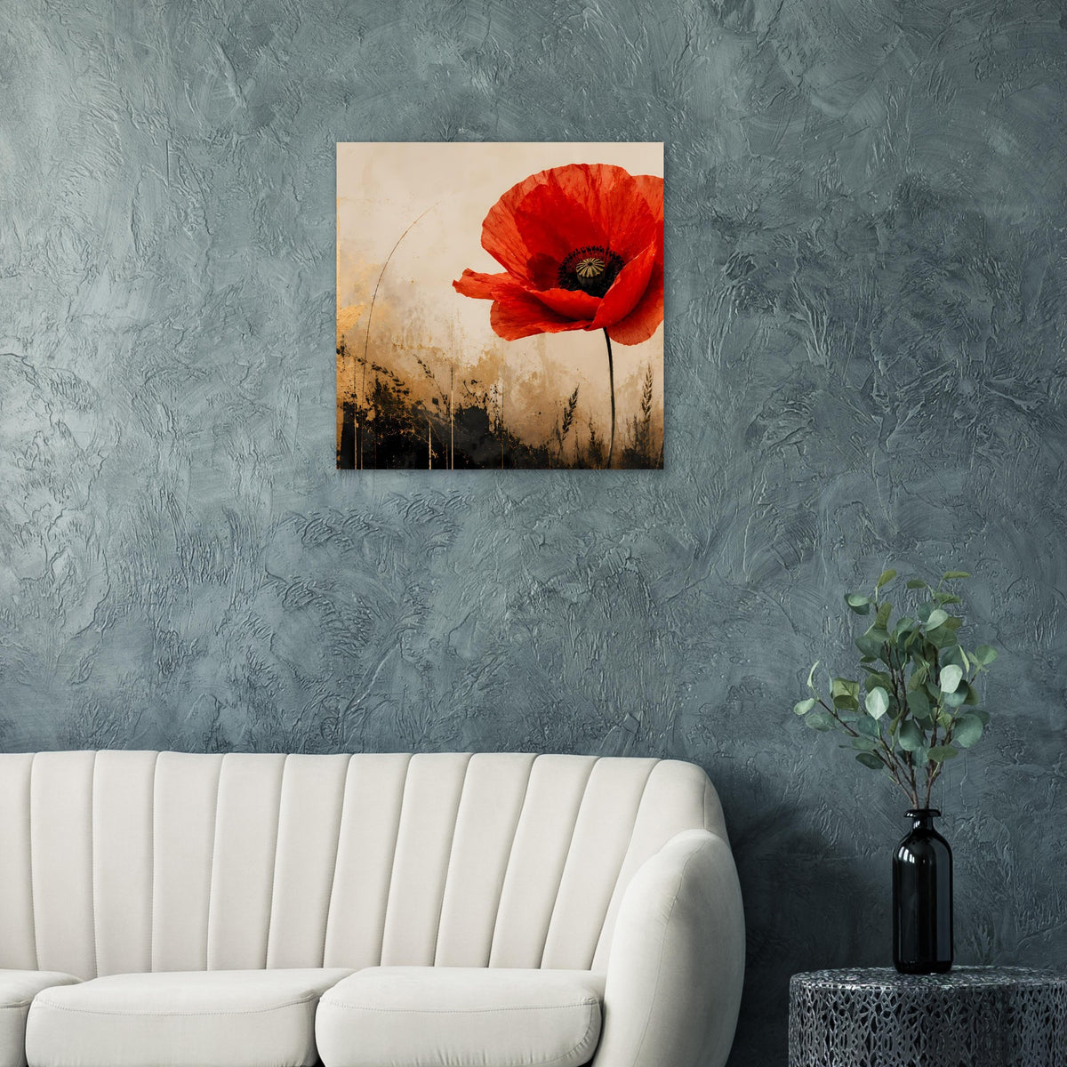 Quadratisches Poster: rote Mohnblume mit dunklem Zentrum auf hellem, abstraktem Hintergrundmotiv