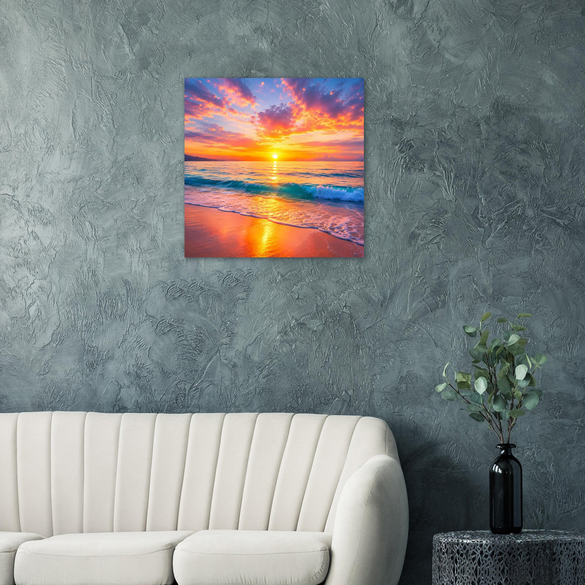 Poster mit Sonnenuntergang über dem Strand, ruhiges Meer und orange-rosa Himmel
