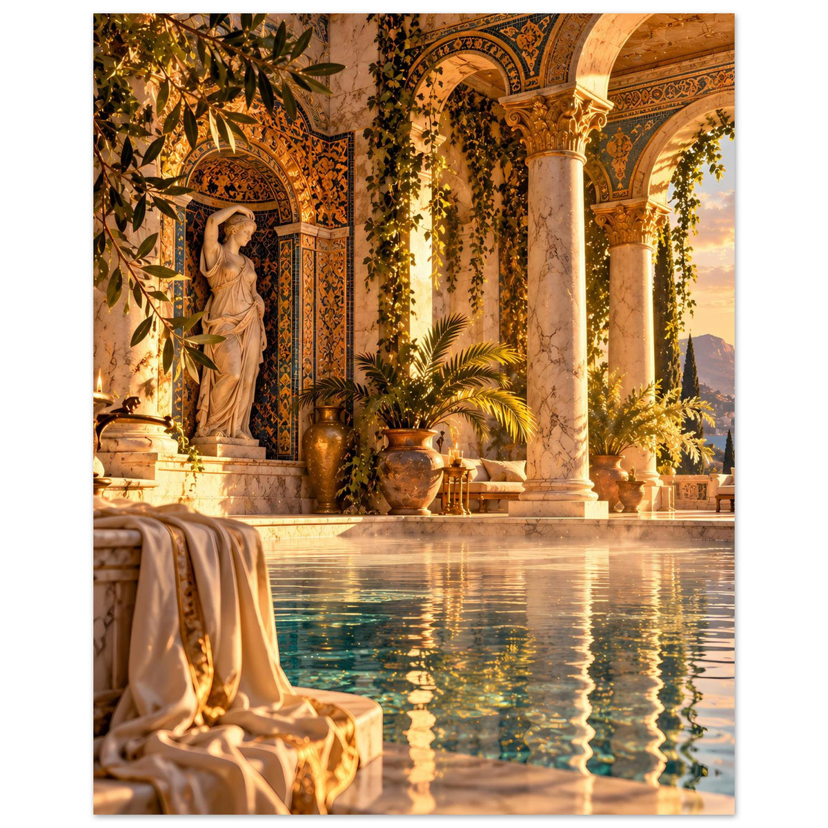 Wandposter, Ausschnitt mit Poolwasser, Säulenhalle, steinerner Statue und goldenen Blättern