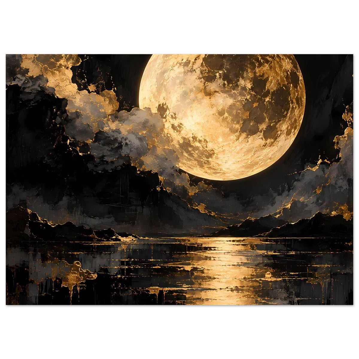 Rechteckiges Poster mit goldenem Mond, schwarzem Himmel und goldener Spiegelung im Wasser