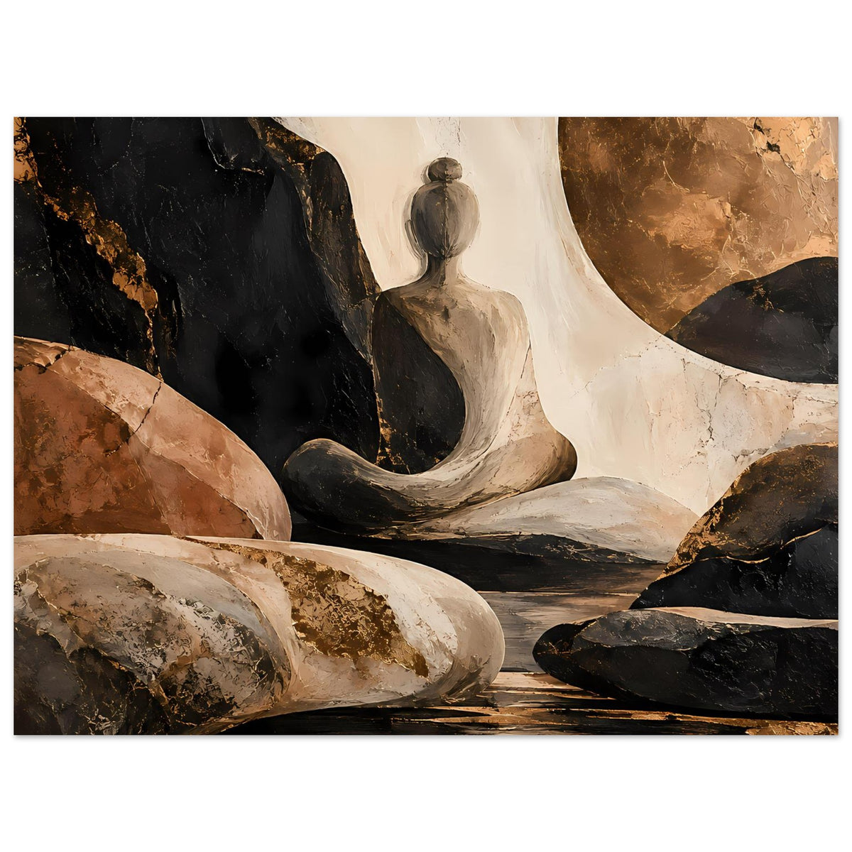 Abstraktes Poster im Panoramaformat: meditierende Figur vor warmen Felsen, matte Oberfläche