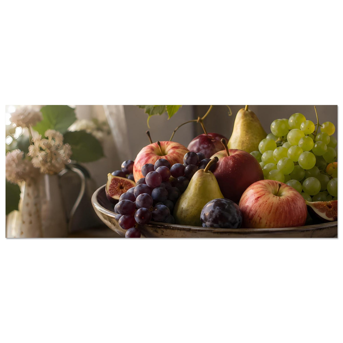 Fruchtstillleben-Poster, quer: Obstschale mit Trauben, Äpfeln, Birne und Weintrauben