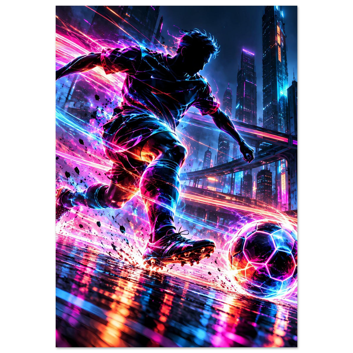 Neon-Fußball-Actionposter, vertikal: Spieler und leuchtender Fußball vor futuristischer Stadtgrafik