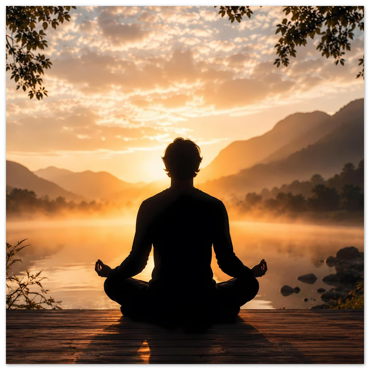 Meditationsposter Querformat mit Silhouette im Meditationssitz und Sonnenlicht über Nebel