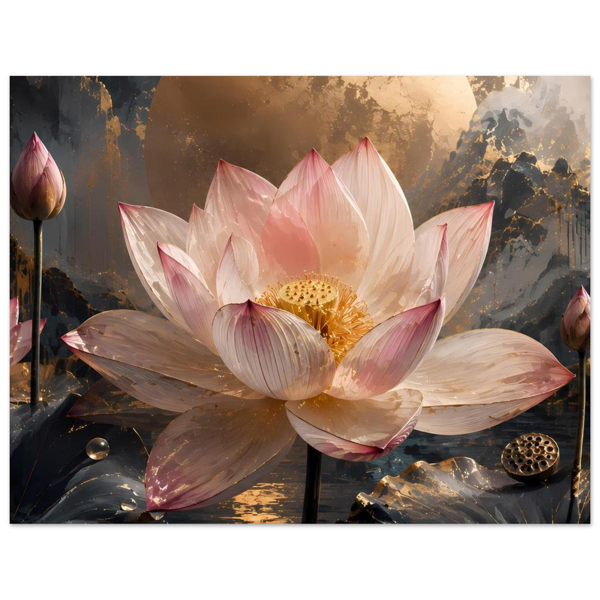 Poster mit großer rosafarbener Lotusblüte, goldener Mondscheibe und dunklen Blättern