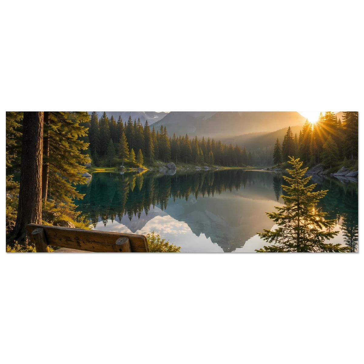 Horizontales Poster mit Bergsee und Tannenwald bei Sonnenaufgang, Sonne rechts im Bild