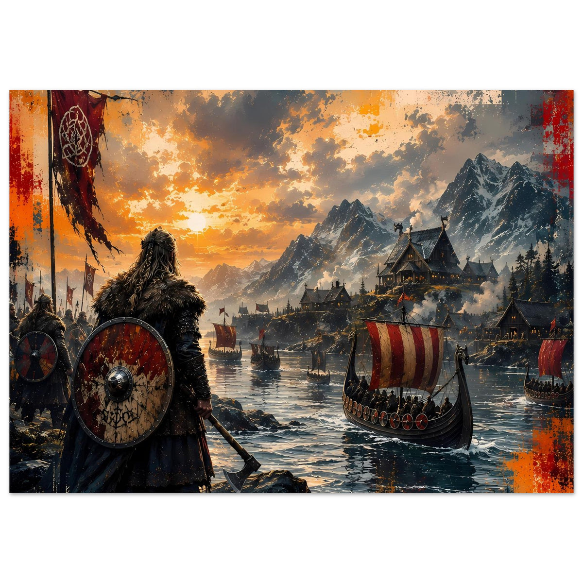 Wikinger-Saga-Poster: Rundschild tragender Krieger am Wasser, Langschiff im Bild.