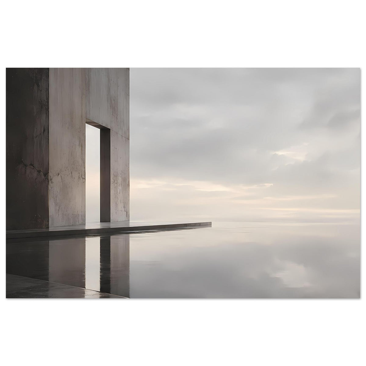 Horizontales Architektur-Poster mit Betonbogen, leuchtendem Horizont und Spiegelbild im Boden