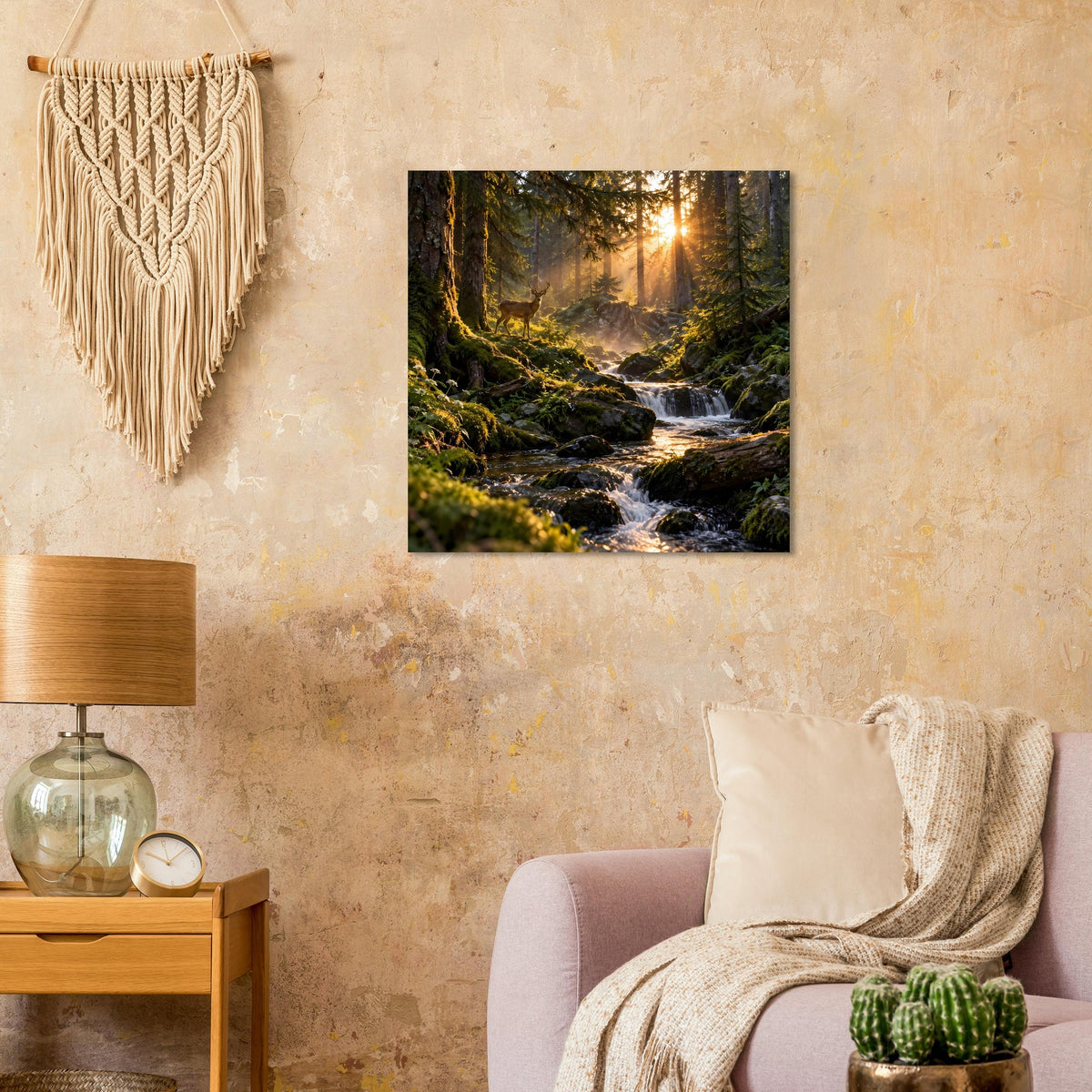 Quadratisches Wandposter mit Bachlauf durch grünen Mooswald und Sonnenstrahlen