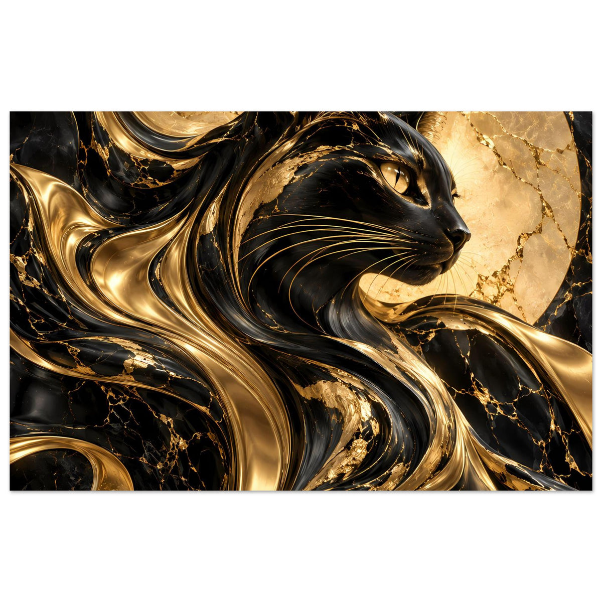 Querformat-Poster mit abstrakter Katze in Gold, Schwarz und goldenen Marmorwirbeln.