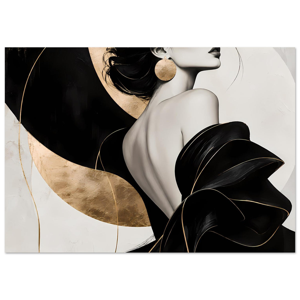 Poster mit Profil einer Frau in Schwarz mit goldenen Kreisbögen und Federdetail