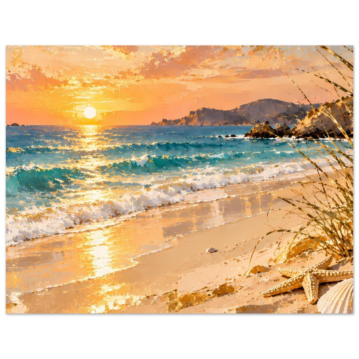 Horizontales Poster mit Strand bei Sonnenuntergang, Meeresspiegel mit Lichtreflex und Muschel rechts