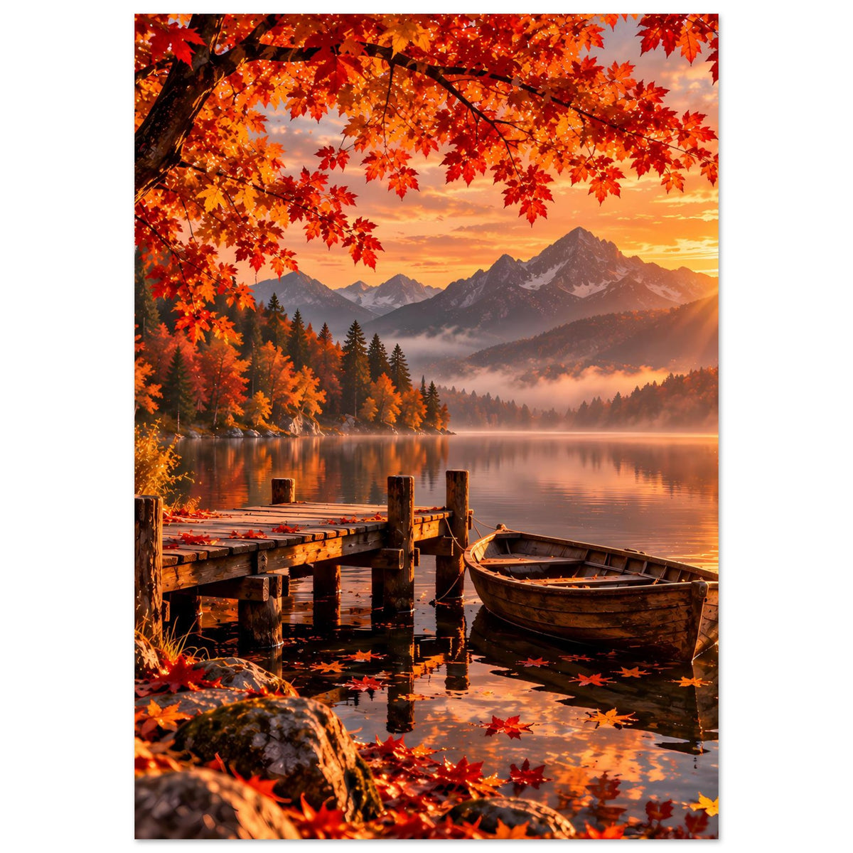 Herbstliches Bergsee-Poster (Hochformat) mit Steg, Ruderboot und orangefarbenen Blättern
