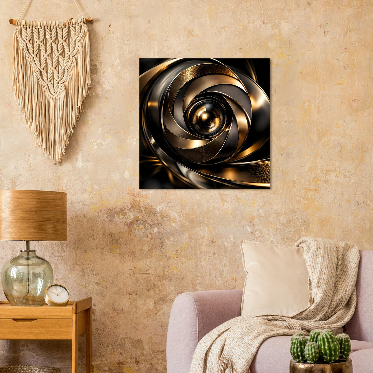 Abstraktes Poster: goldene Spirale mit zylindrischen Ringen auf dunklem Schwarz