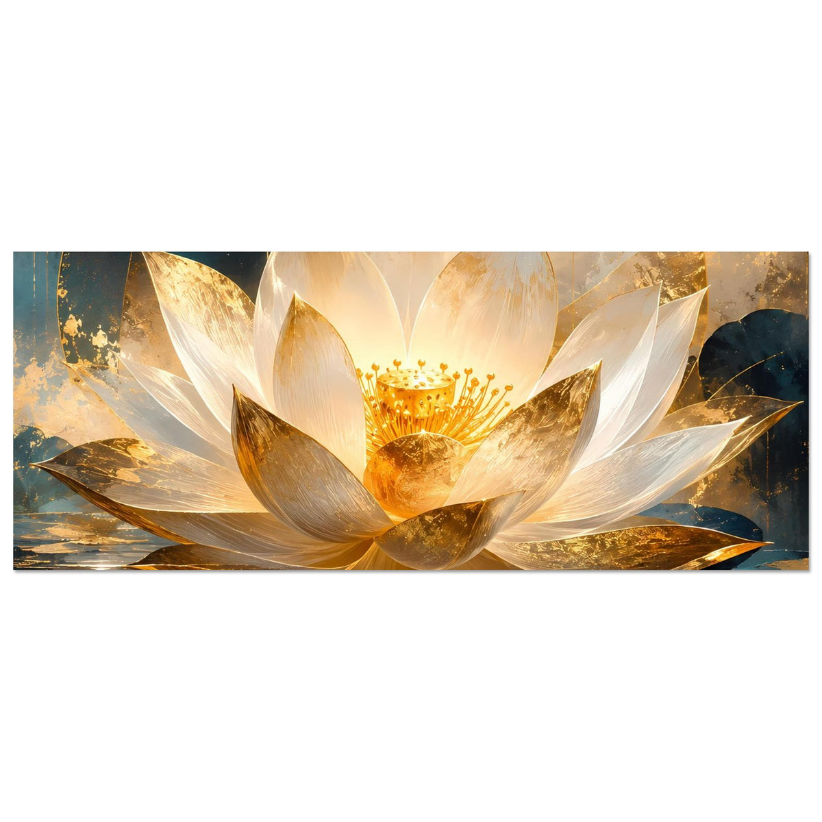 Horizontales Kunstposter mit goldener Lotusblüte über spiegelndem Wasser und Lichtreflexen