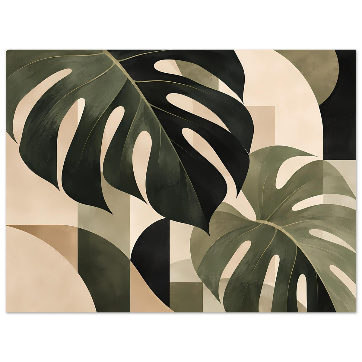 Botanikposter mit Monstera-Blättern, salbeigrünen und dunkelgrünen Formen auf beigem Hintergrund