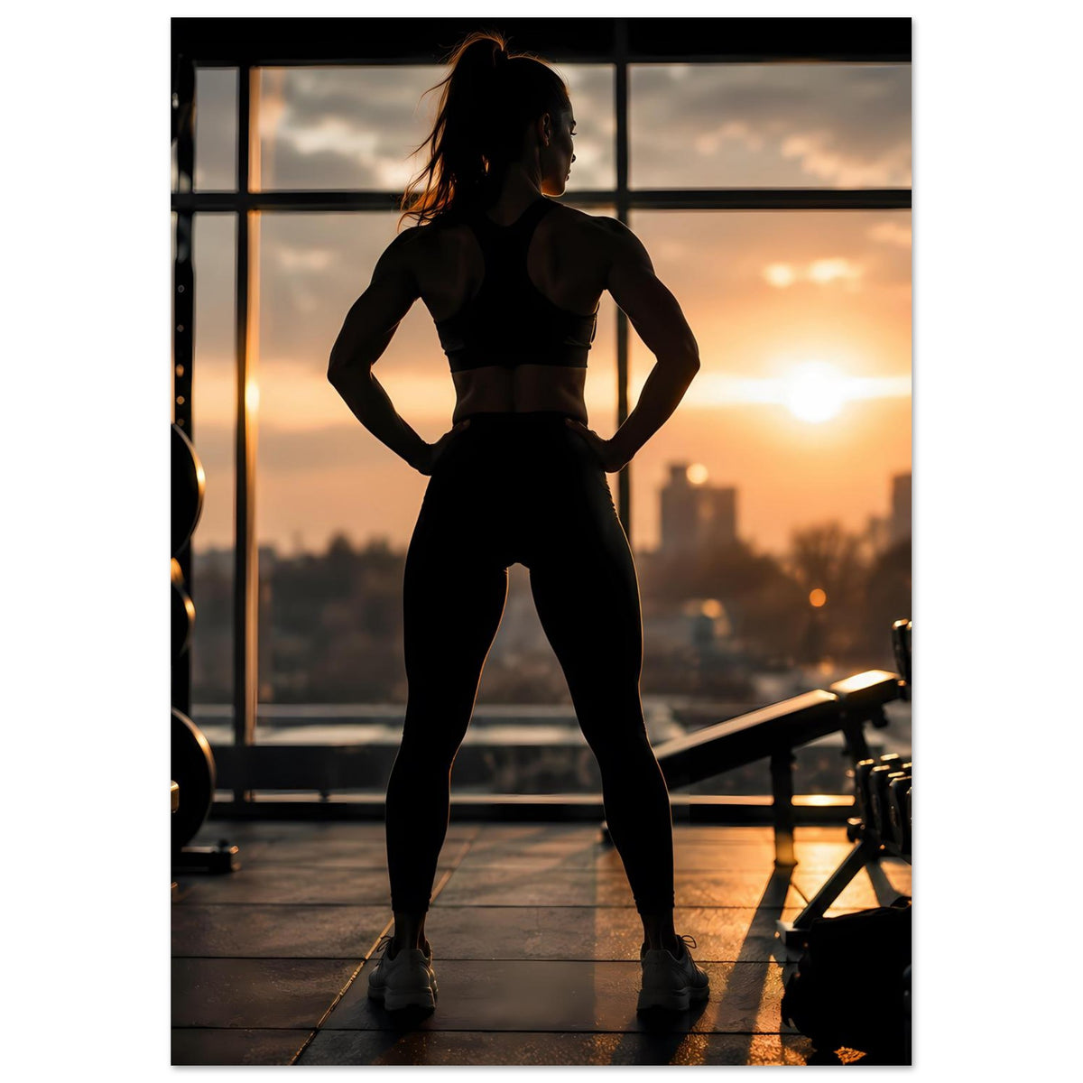 Fitness-Poster: Sportlerin-Silhouette von der Seite, Fitnessstudio vor warmem Abendhimmel