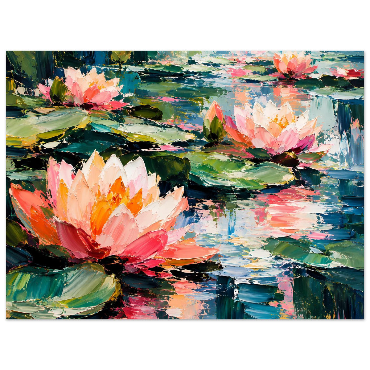 Poster mit Seerosen im Hochformat, rosa Blüten und grün-blaue Wasserreflexe