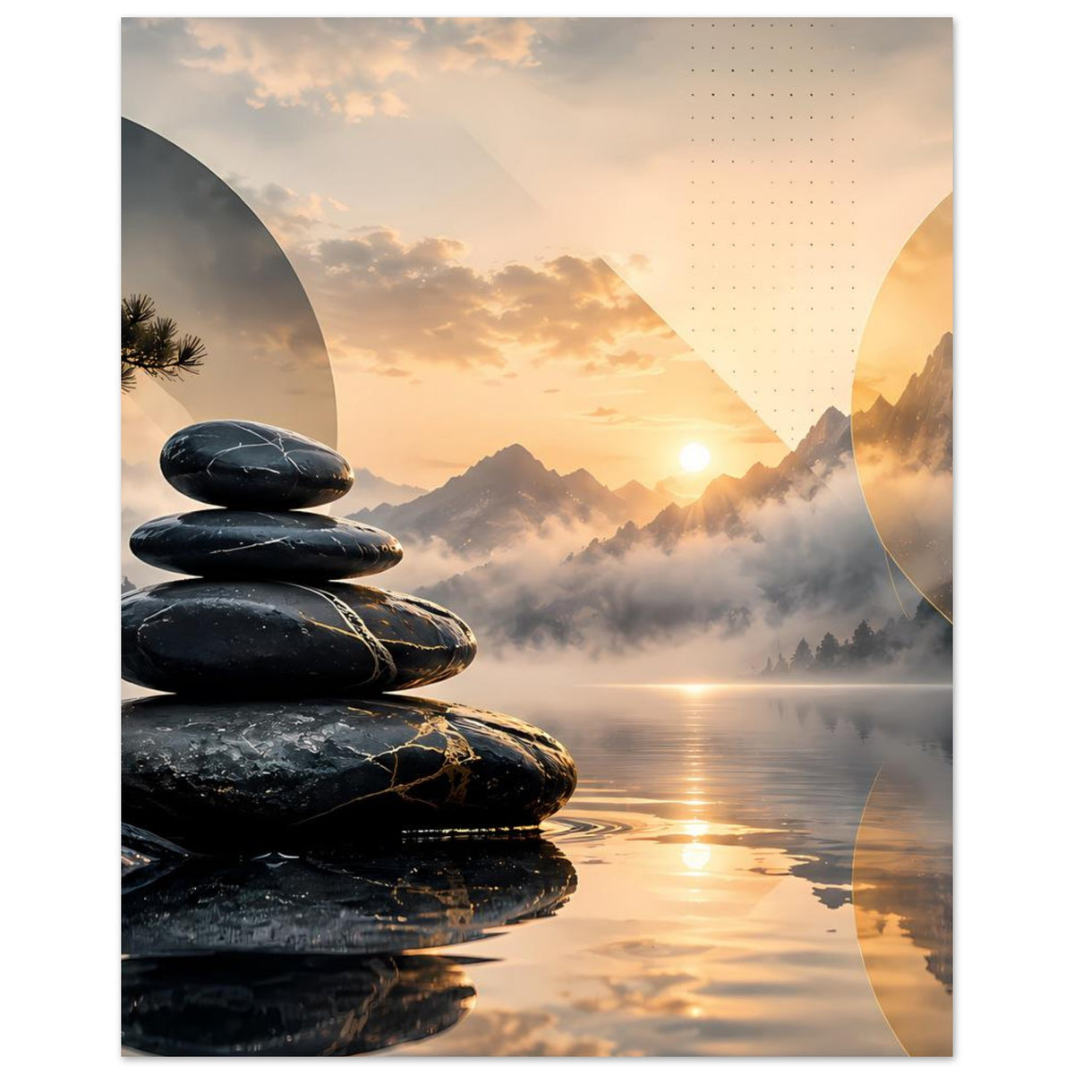 Zen-Kunstposter im Hochformat: dunkle Steine, Bergsonne im Nebel, goldene Kreise im Hintergrund