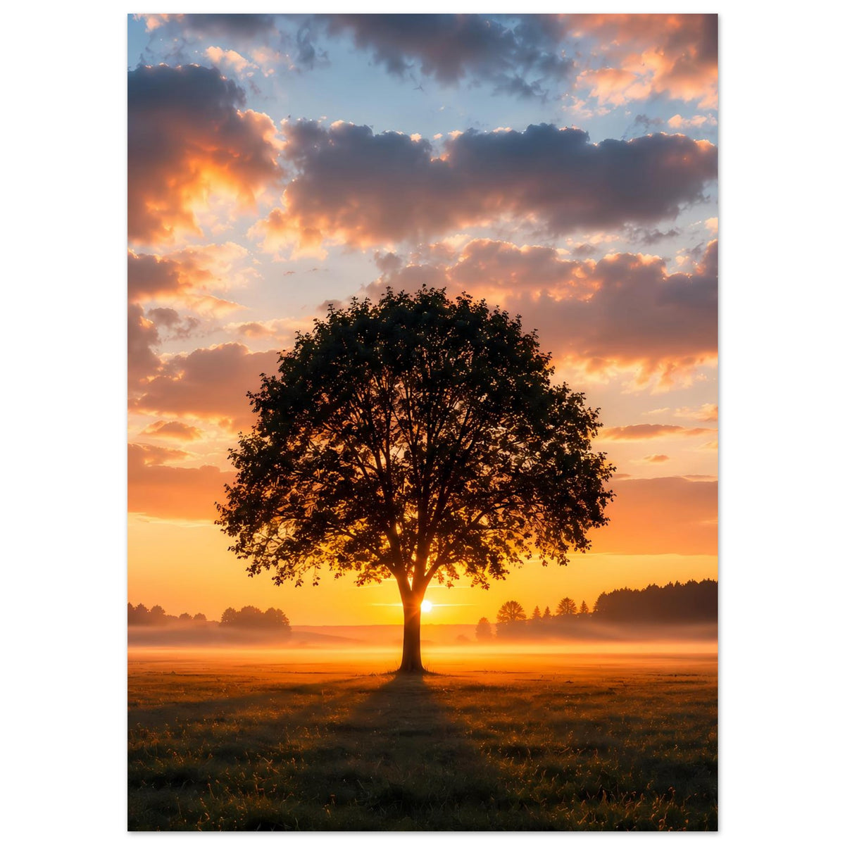 Vertikales Poster mit Baum und Sonnenuntergangswolken, goldene Farben über Wiesen