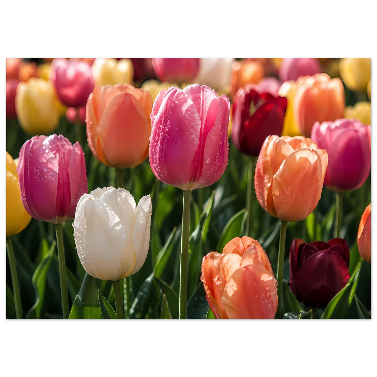 Tulpen-Garten-Poster im Querformat: farbige Tulpen mit Regentropfen, Fokus auf pinke Blüte