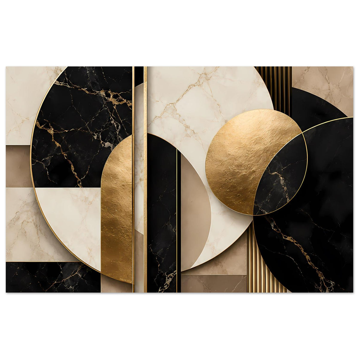 Geometrisches Marmor-Poster: goldene Kreisbögen, schwarz-beiges Marmormuster, Querformat