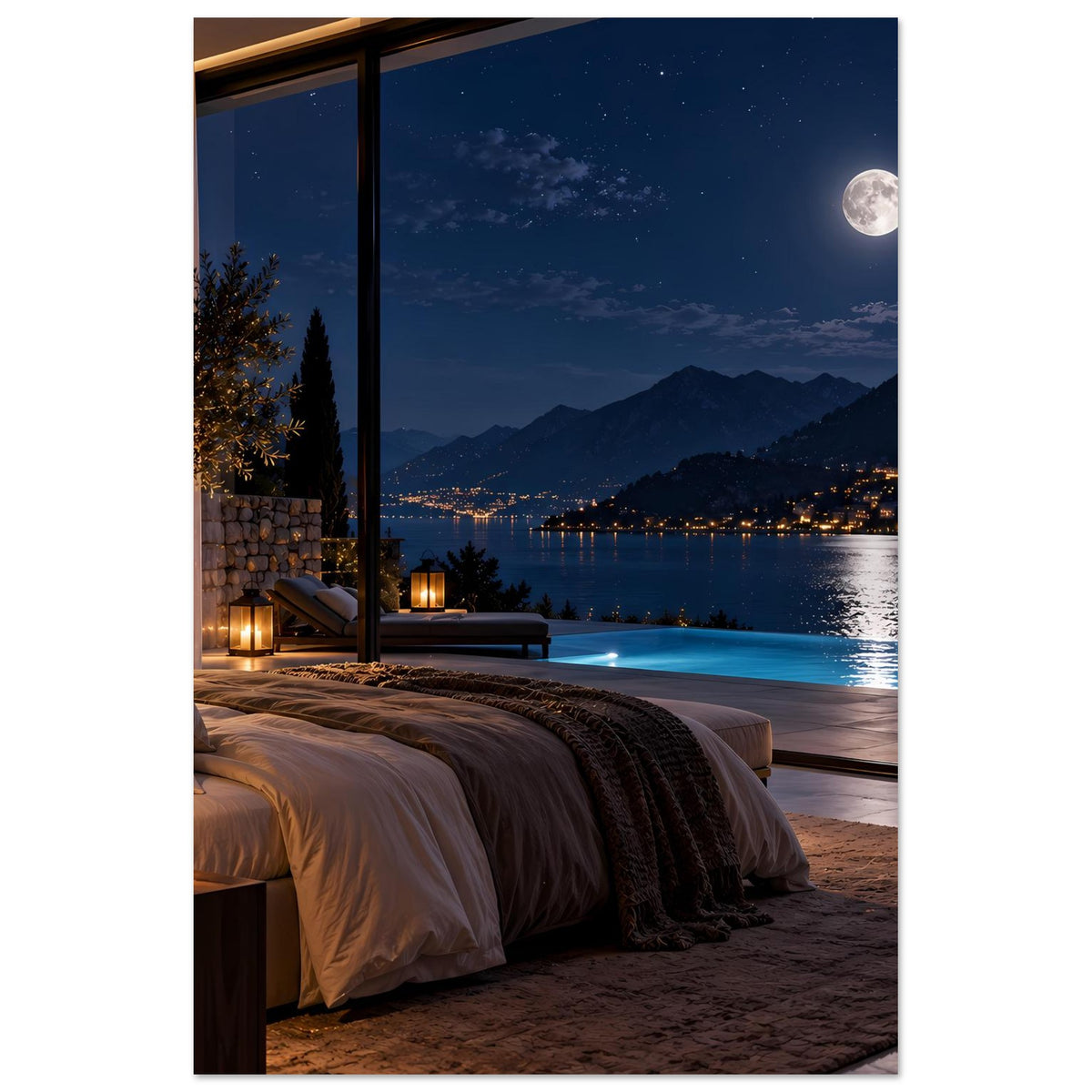 Vertikales Schlafzimmerposter mit Mond über Bergen und See, Blick durch große Fensterfront
