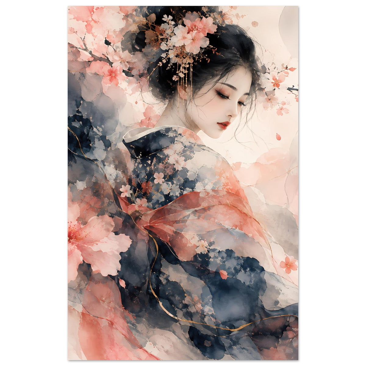 Wandposter mit Aquarellblumen: Kirschblüten, Frau im Profil und florale Zweige in Pastell