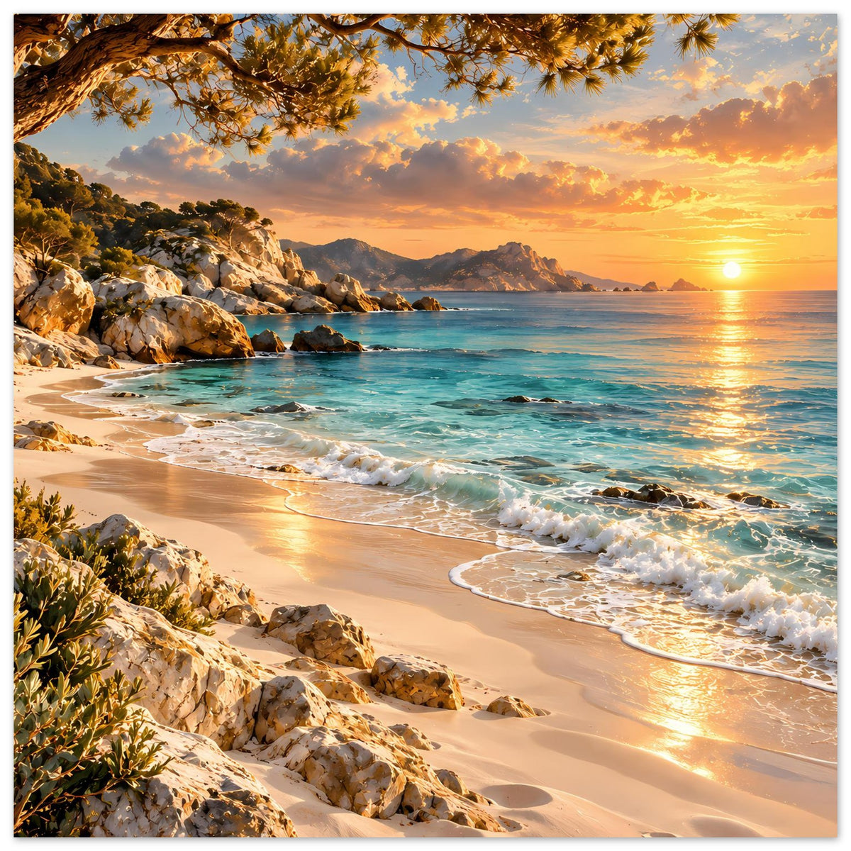Strandlandschafts-Poster mit untergehender Sonne, Wellen, Sandstrand, Felsen und Ästen oben