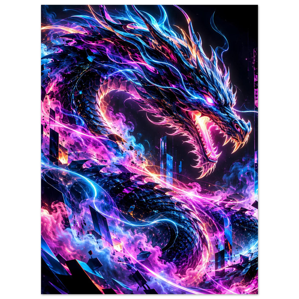 Hochformatiges Poster mit Neon-Cyberdrachen, glühenden Konturen und violett-blauer Explosion