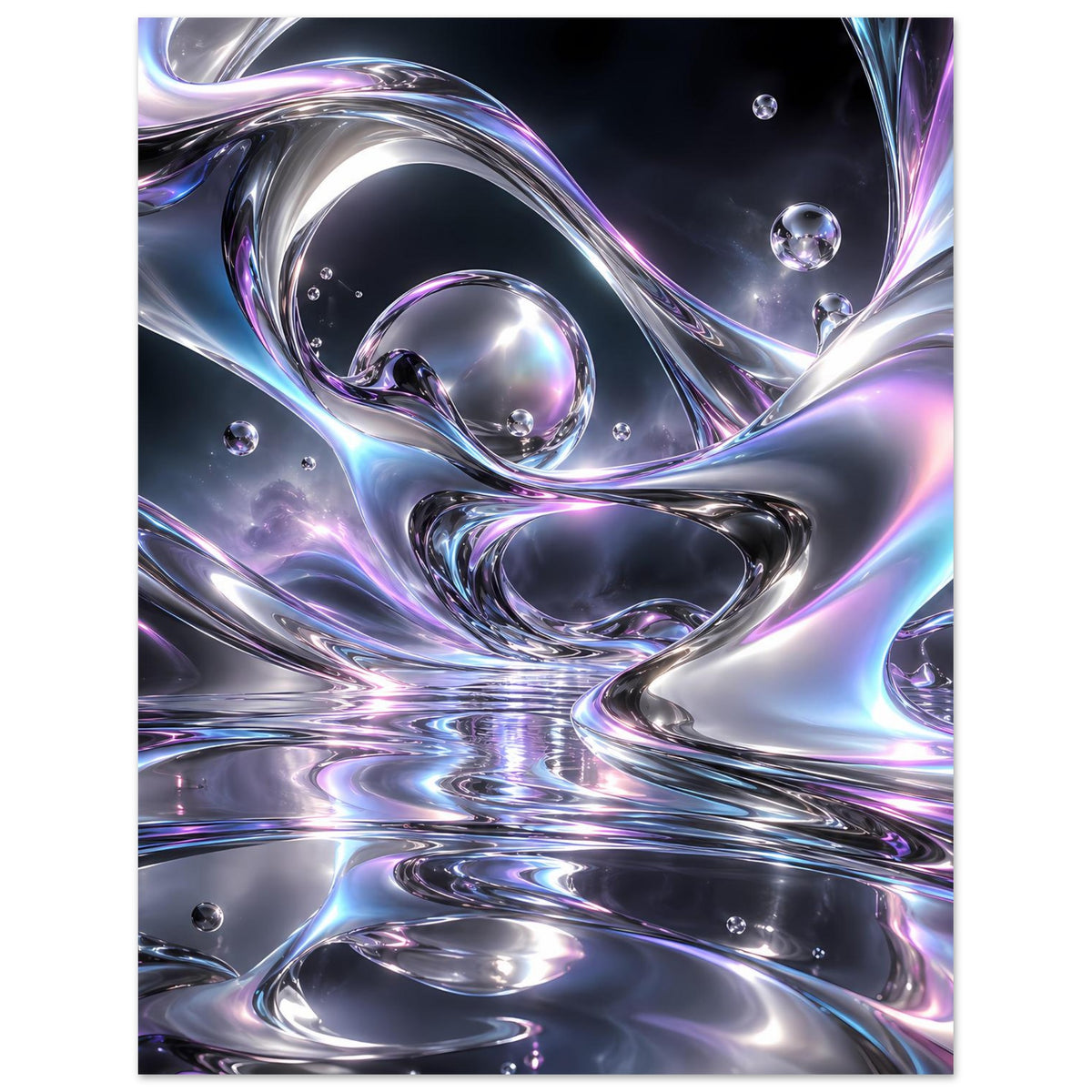 Liquid-Chrome Poster im Hochformat mit irisierenden Strömungen und Tropfen-Kugeln